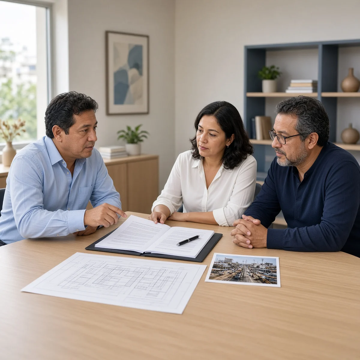 Tres personas revisan documentos contractuales junto a un plano y una fotografía de una obra sobre la mesa.