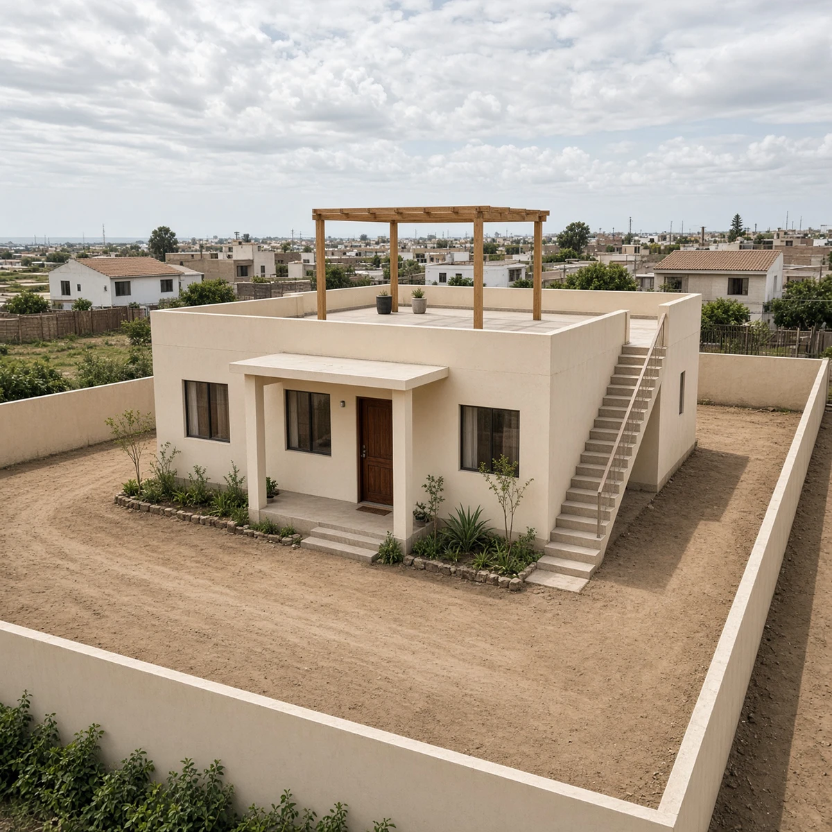 Casa de una planta con terreno delimitado por muros y acceso exterior a la azotea.